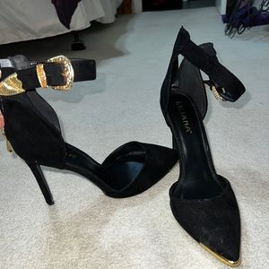 Black suede with gold Trim and accents pointed toe heels